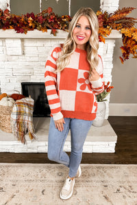 Mixed Pattern Floral Rust Orange Knit Sweater