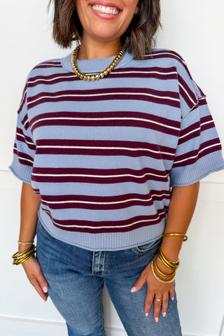 Cocoa Stripe Short Sleeve Knit Top in Ice Plum