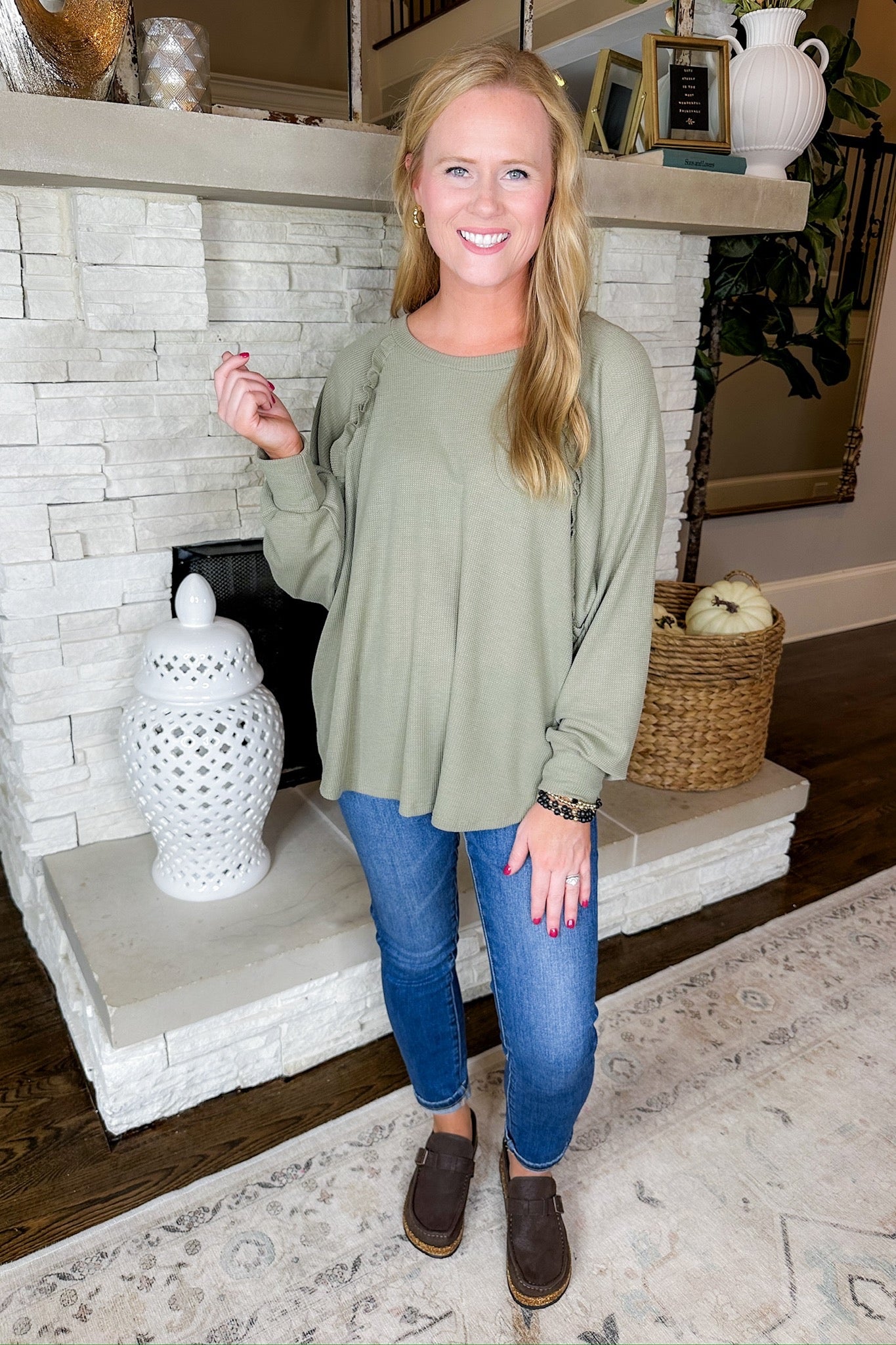 Throw On & Go Ruffle Detailed Long Sleeve Top in Olive