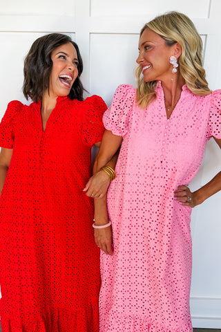The Meredith Eyelet Midi Dress in Pink