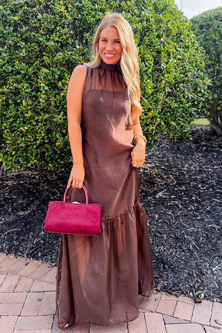 The Amelia Soirée Organza Midi Dress in Brown