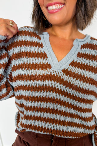 Effortless Stripe Notch Neck Sweater in Light Blue & Brown