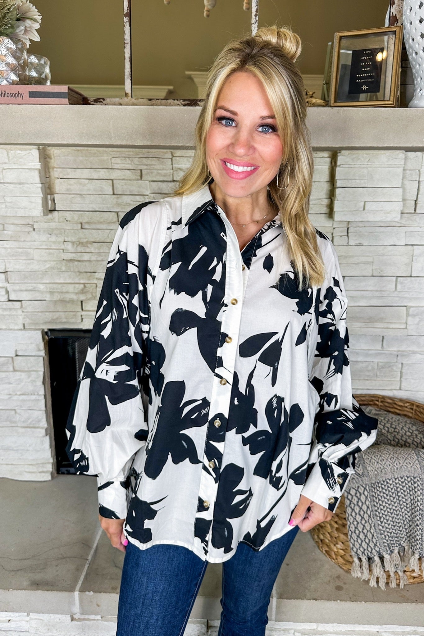 Black & Ivory Floral Button Down Collared Poplin Top