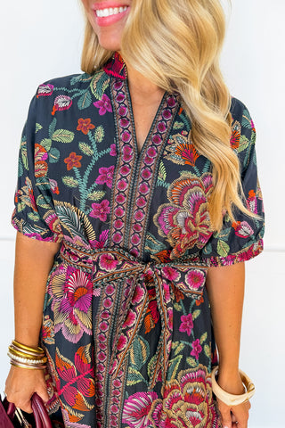 Bohemian Bloom Tie Waist Midi Dress in Black