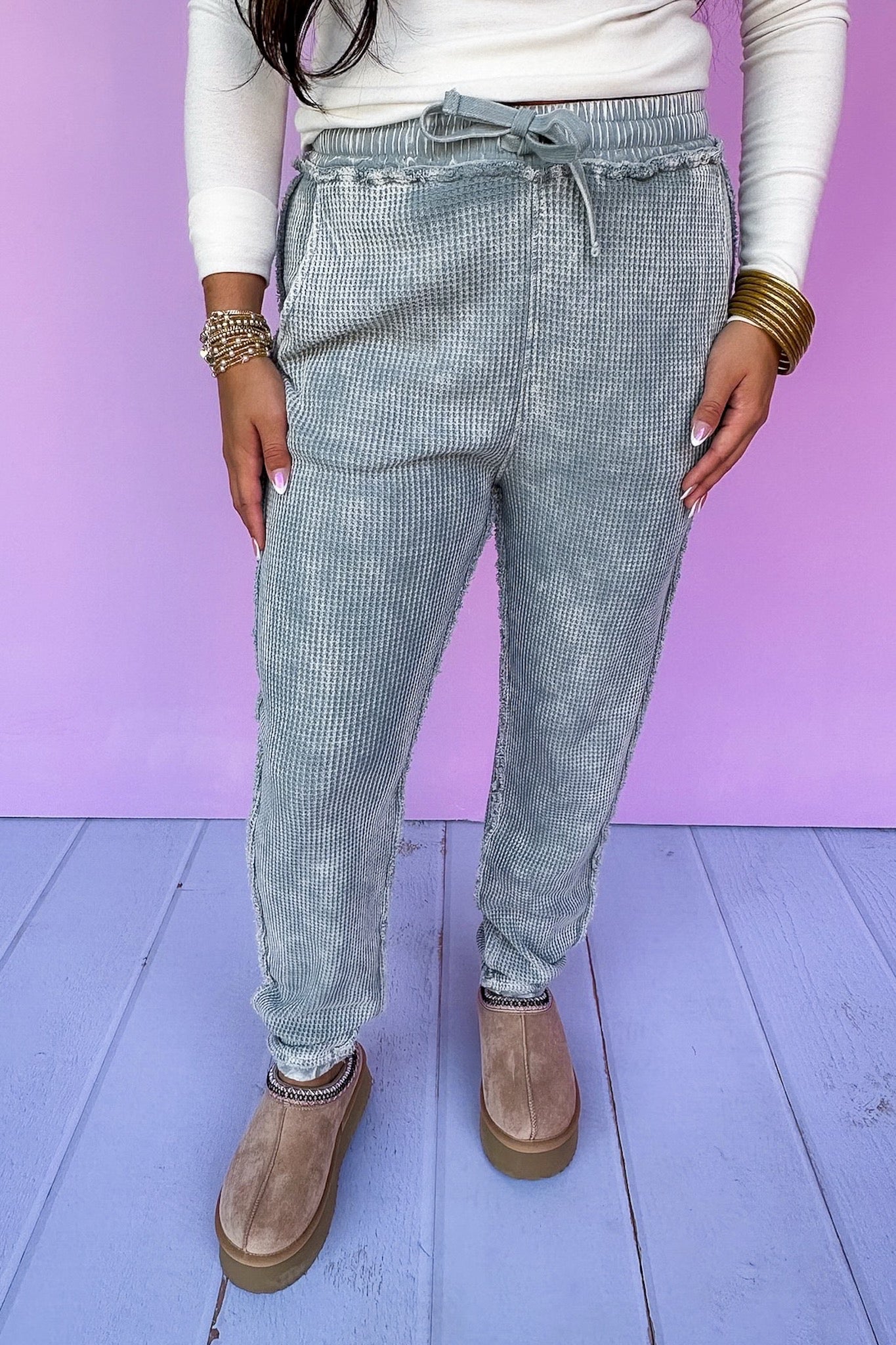 Waffle Knit Exposed Seam Drawstring Waist Joggers in Ice Blue