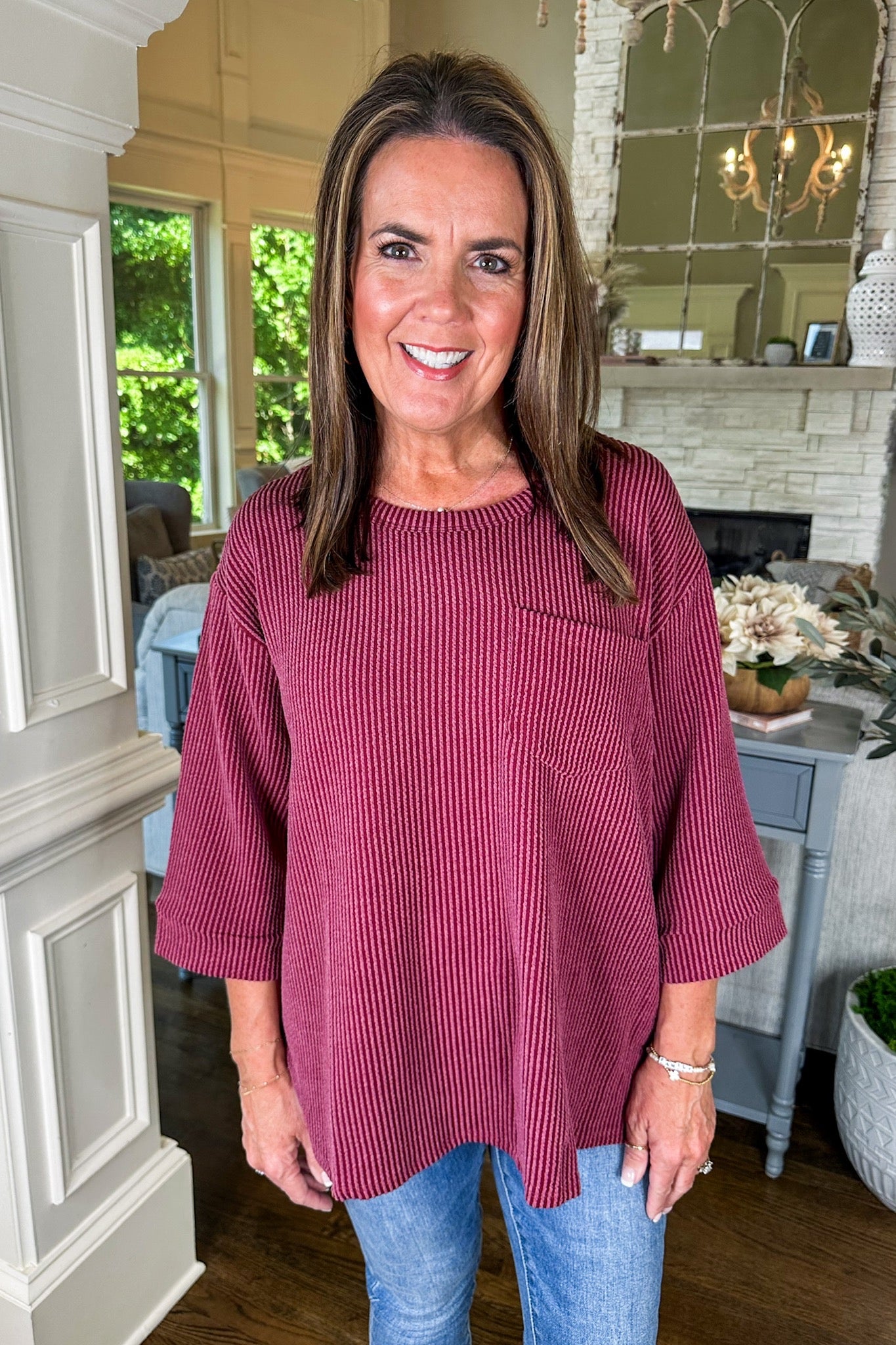 The Macy Ribbed Pocketed Three-Quarter Sleeve Top in Wine