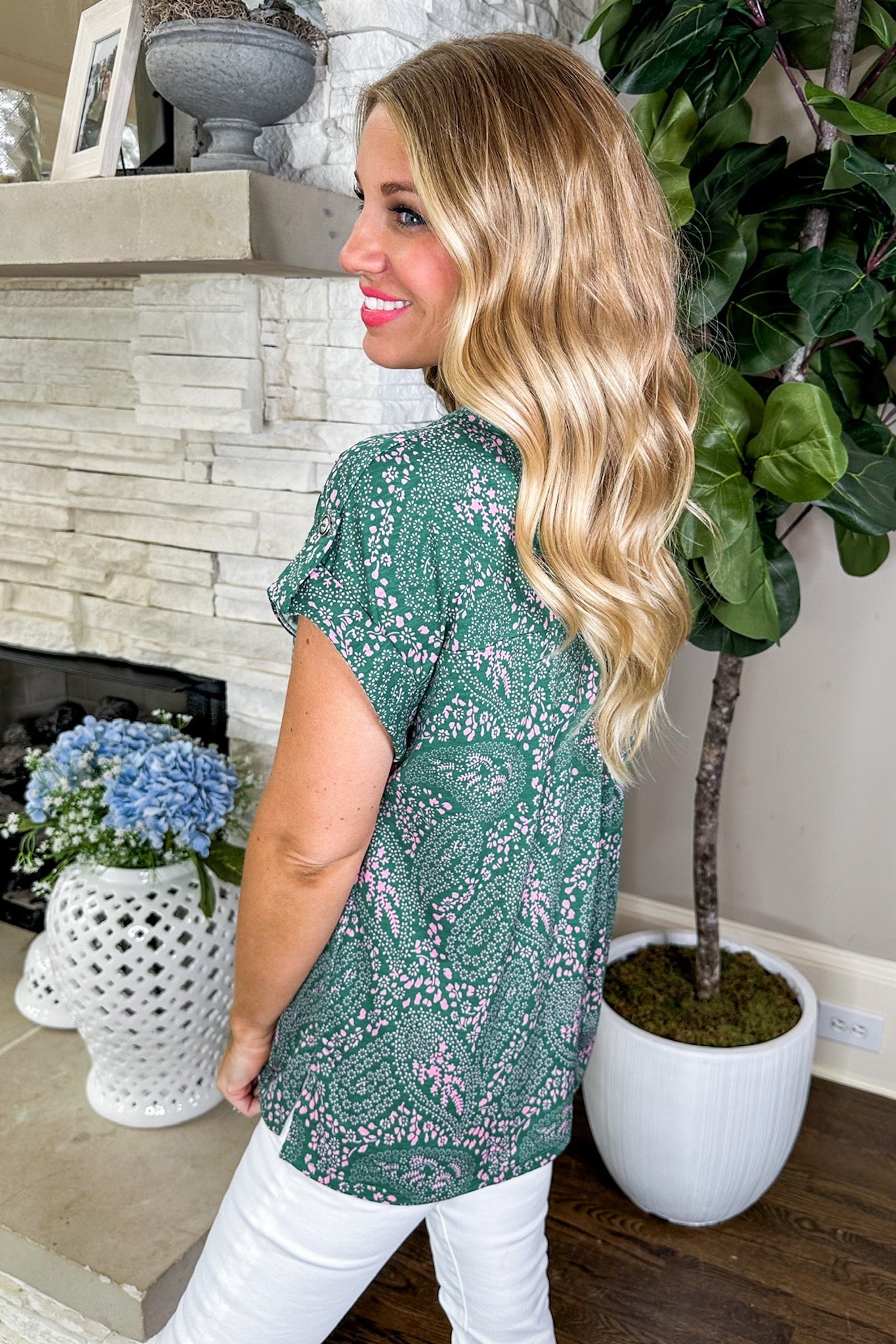 The Lizzy Short Sleeve Top in Green Pink Paisley Floral