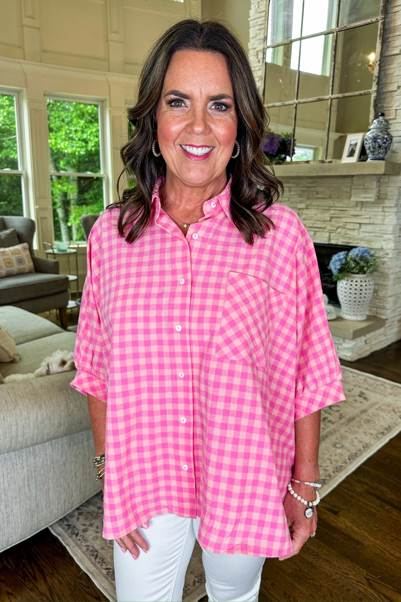 Peach Pink Gingham Button Down Poncho Top