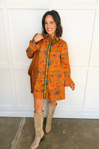 Harvest Bloom Printed Shirt Dress in Rust