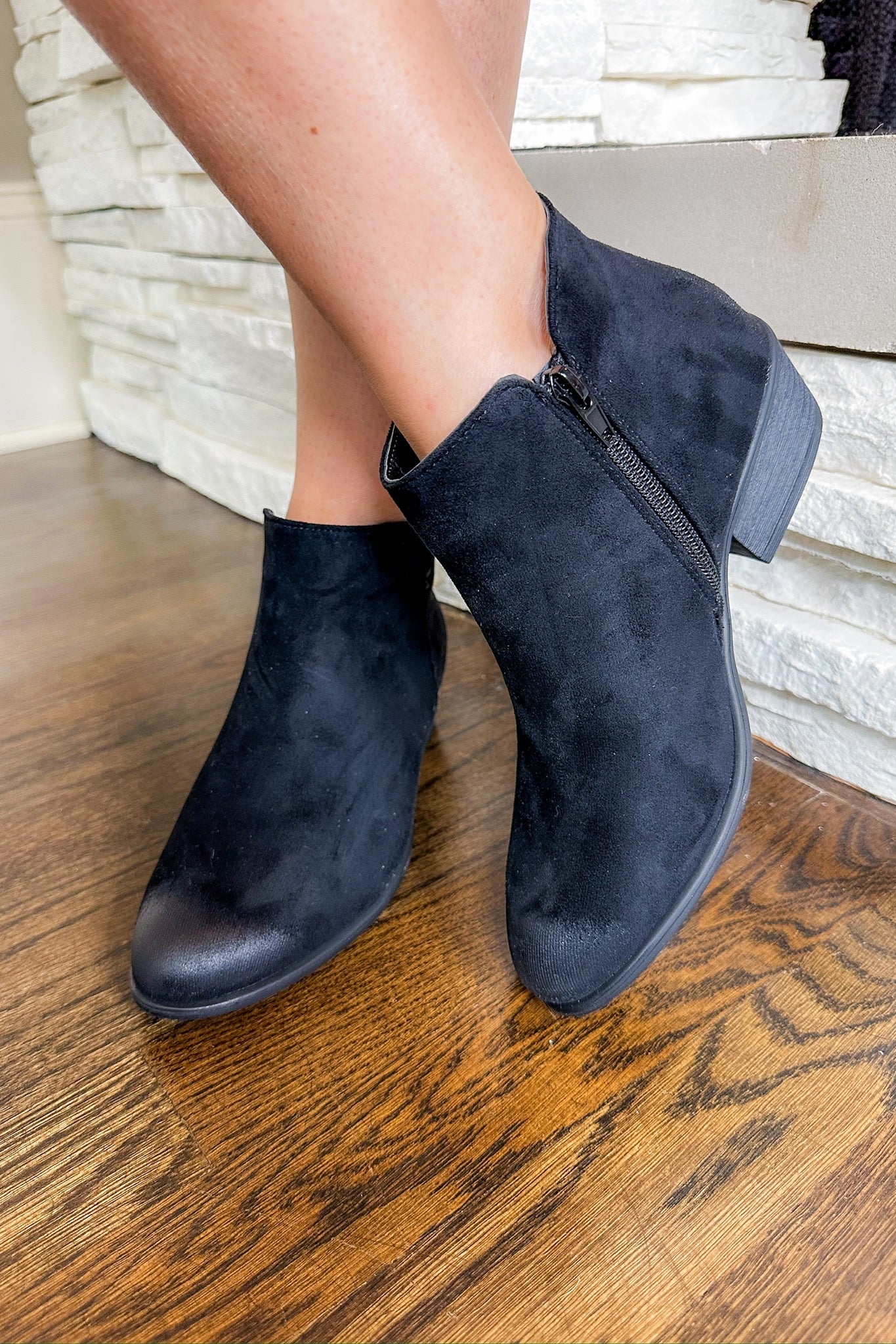 Suede Casual Low Heel Ankle Bootie in Black