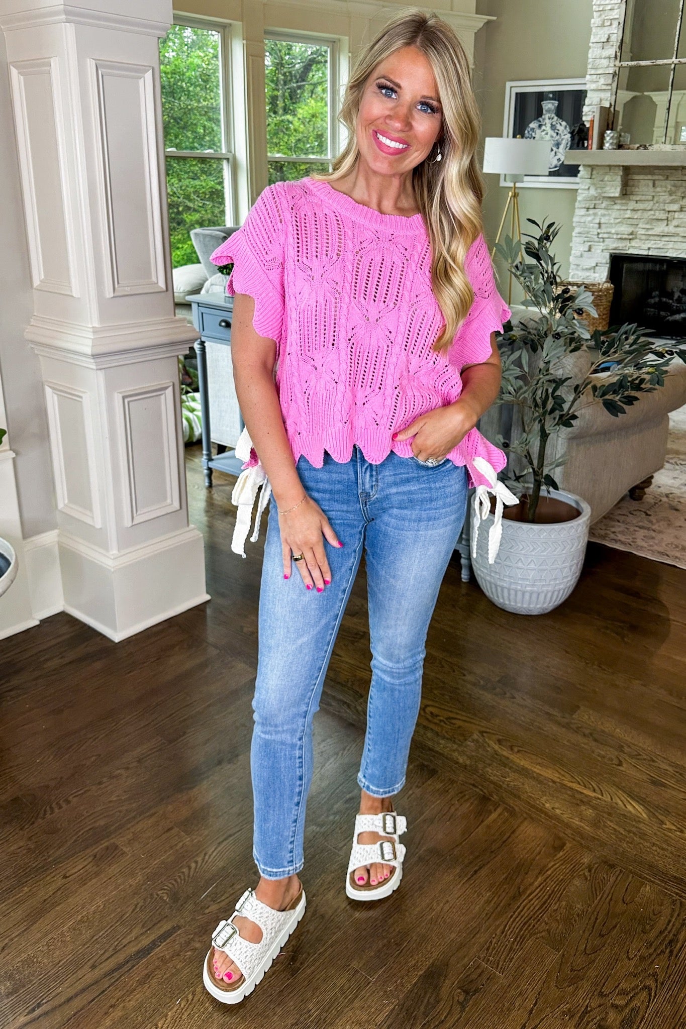 Scalloped Open Knit Side Tie Top in Pink