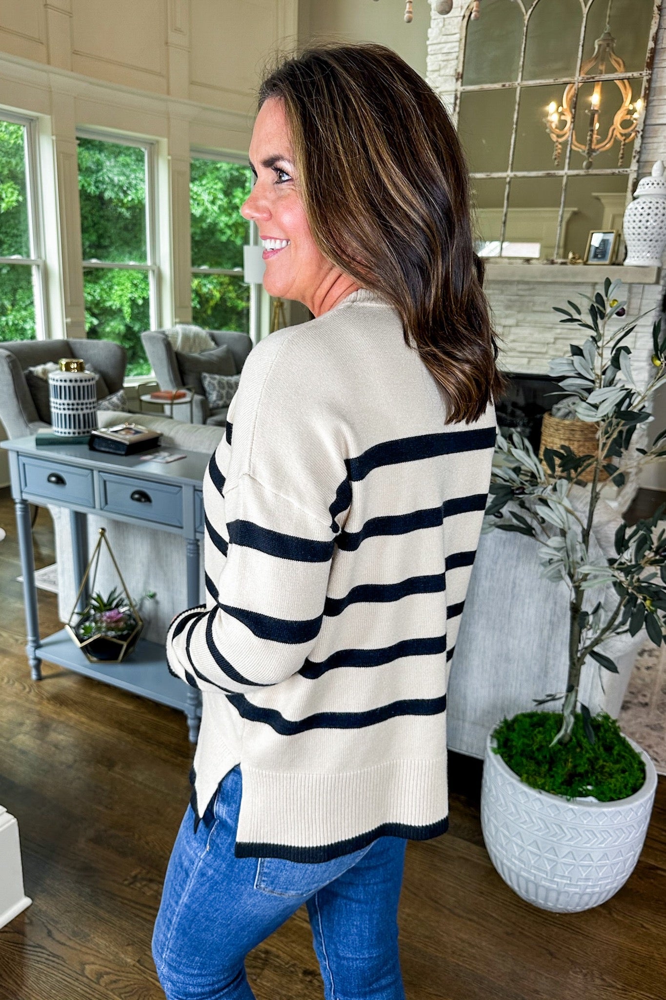 Cream & Black Stripe Ribbed Hem Sweater