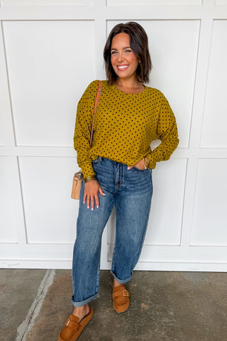 Soft Escape Bubble Hem Top in Gold & Black Dots