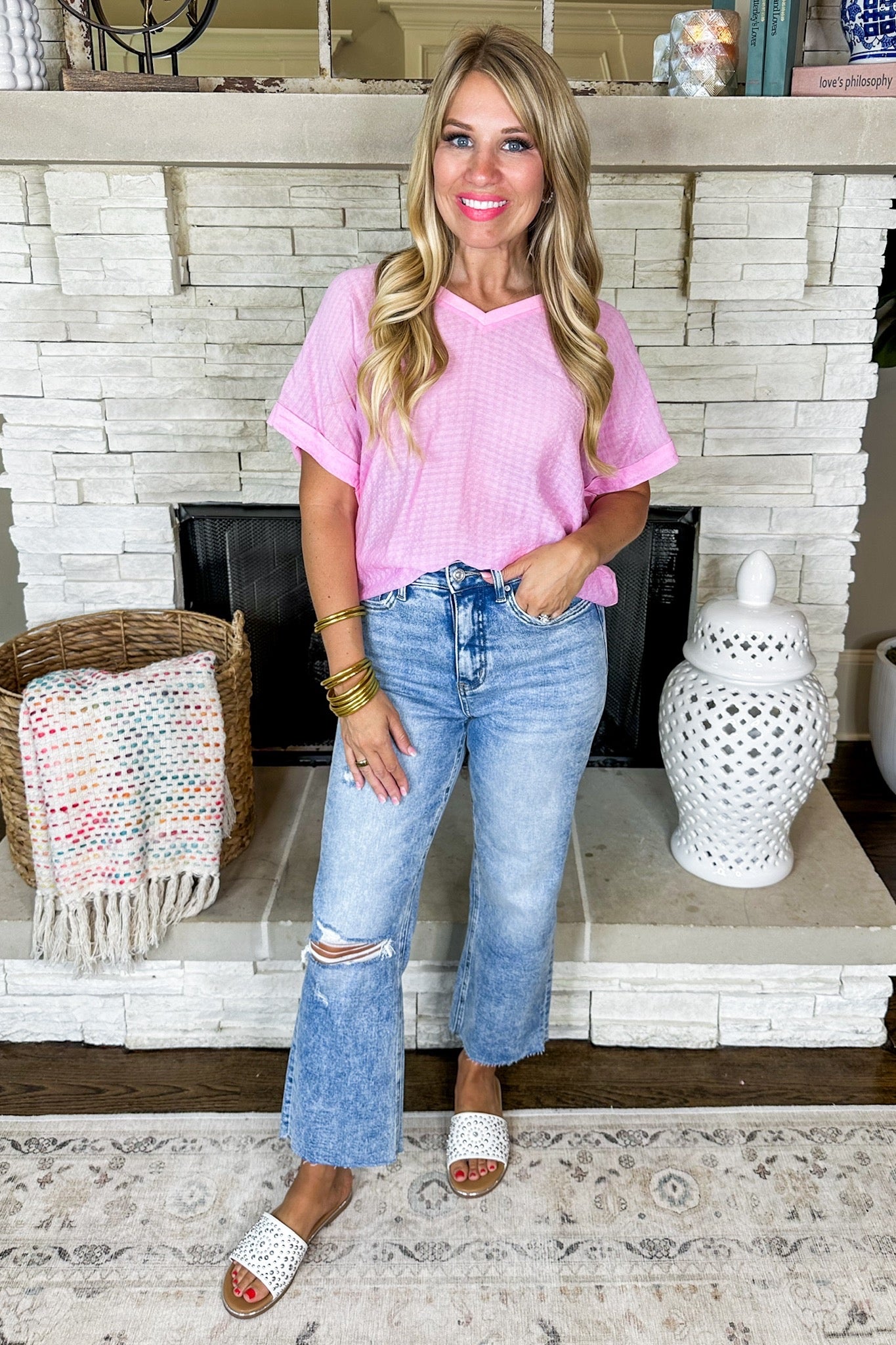 Textured V Neck Not-So-Basic Top in Pink