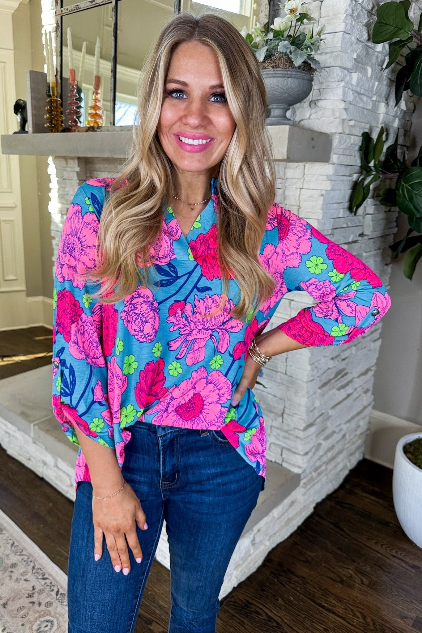 The Lizzy Top in Bright Turquoise Floral
