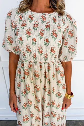 Autumn Petal Smocked Midi Dress