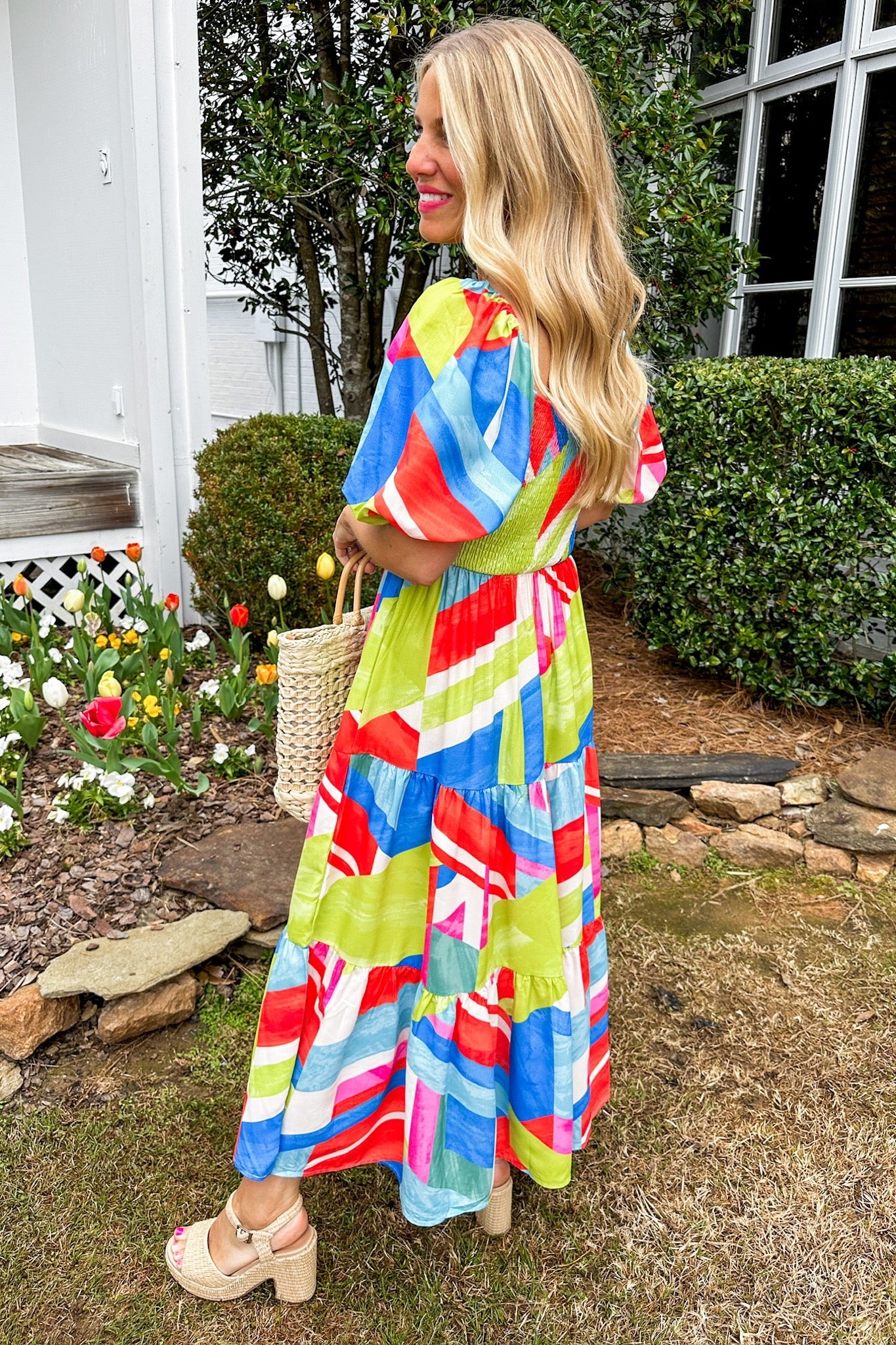 Multi Tropical Abstract Square Neck Tiered Maxi Dress
