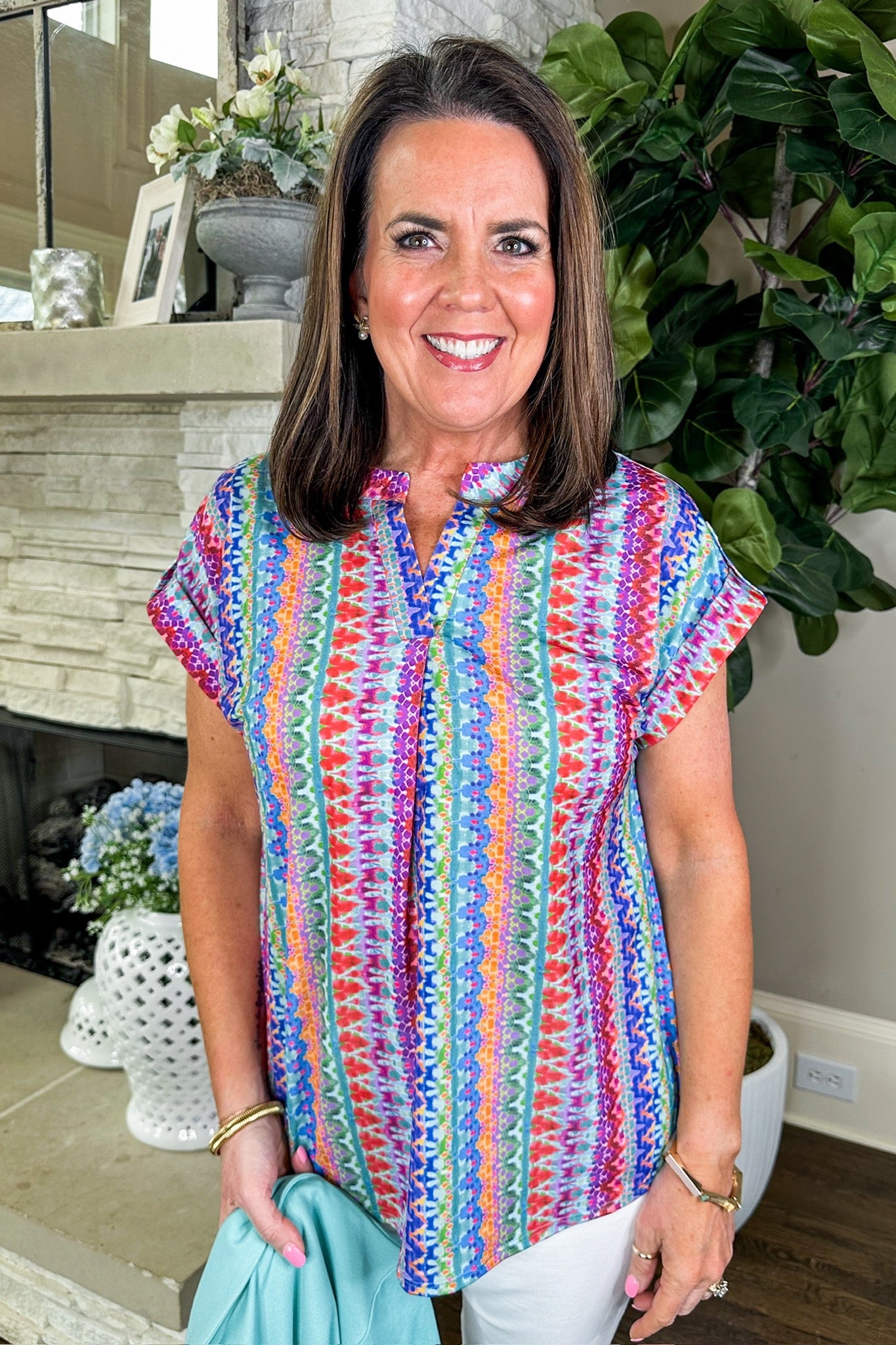 The Lizzy Short Sleeve Top in Multi Color Stripe Pattern
