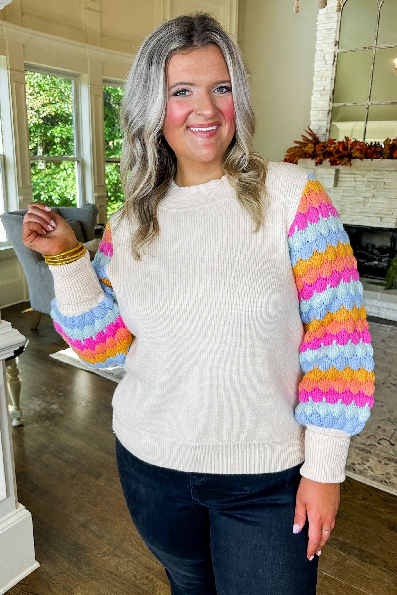 Multi Bubble Knit Rainbow Sleeve Sweater by THML