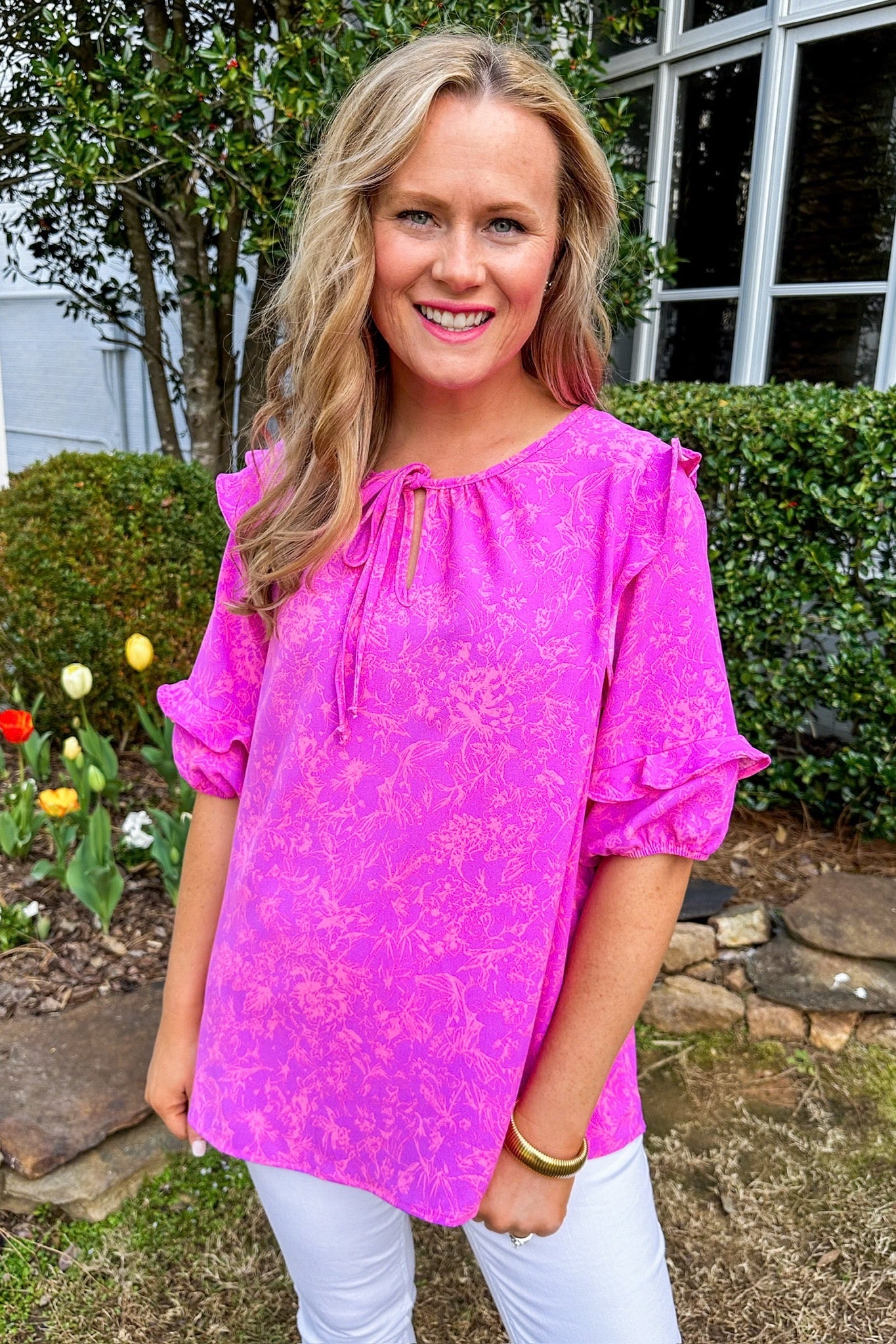 Light Pink Intricate Floral Ruffle Sleeve Magenta Top