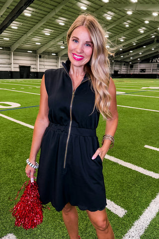 Best Selling Krissy Zip-up Mini Dress in Black Scallop
