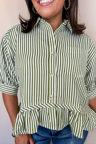 The Bailey Button Down Ruffle Blouse In Olive