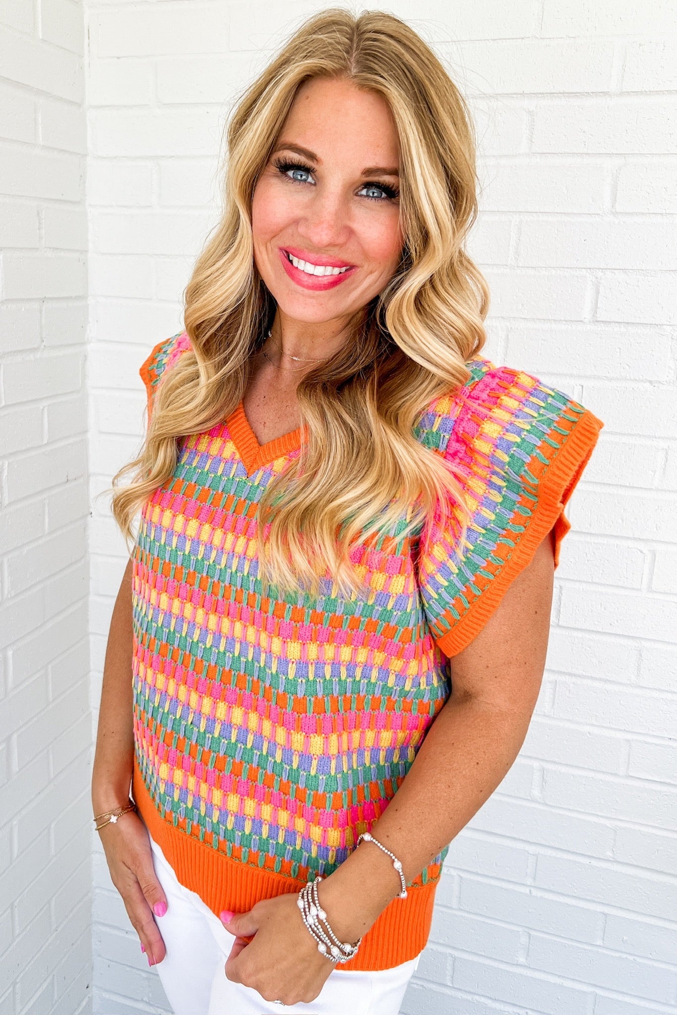 Multi Color Rainbow Ruffle Sleeve Knit Top by THML