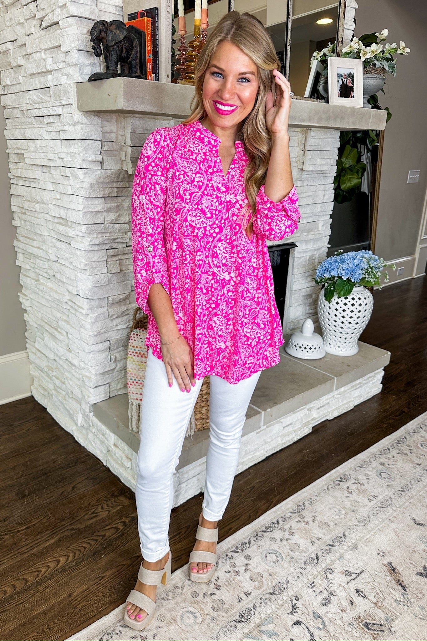 The Lizzy Top in Hot Pink & White Paisley