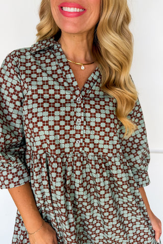 The Hadley Print Midi Dress in Brown & Mint
