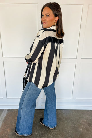 Black & White Striped Contrast Button Down Top