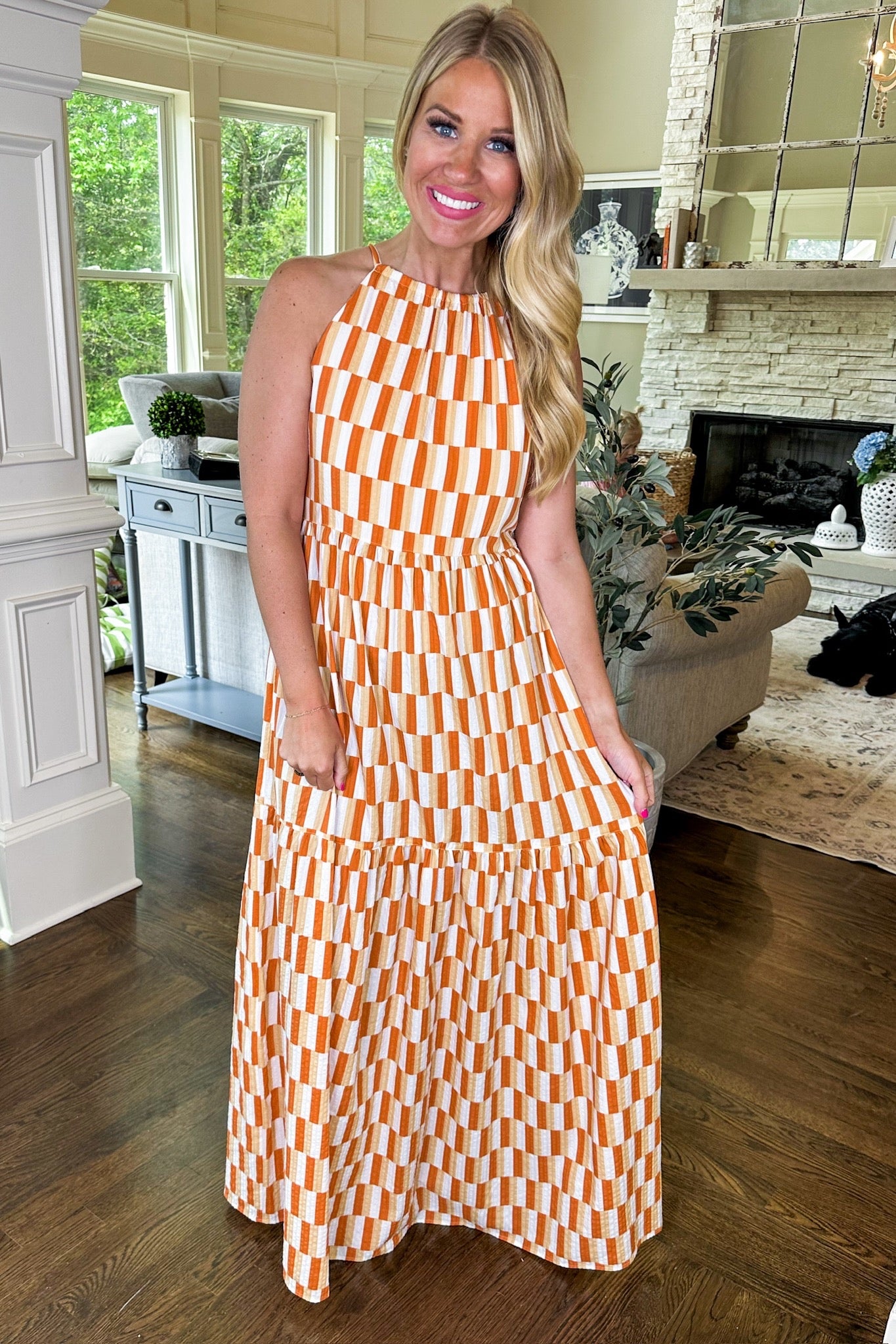 Block Print Tiered Halter Maxi Dress in Apricot