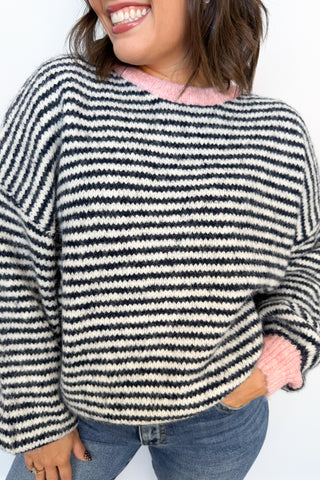 Cozy Season Stripe Knit Sweater in Navy & Pink