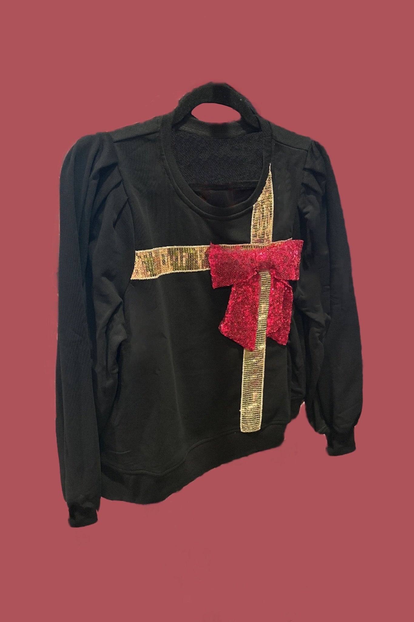 Sequin Gift Wrapped Puff Sleeve Black Long Sleeve Top