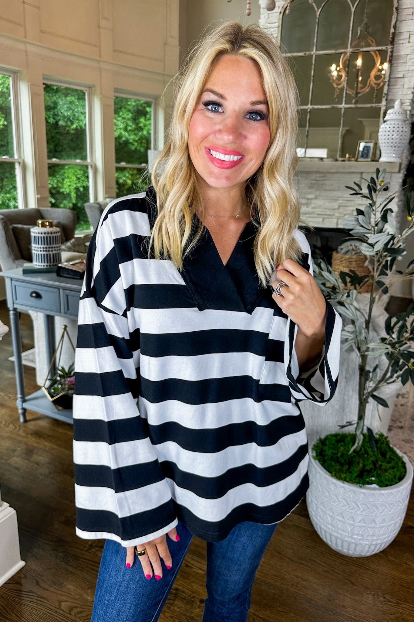 Black & White Contrast Collar Striped Bell Sleeve Top