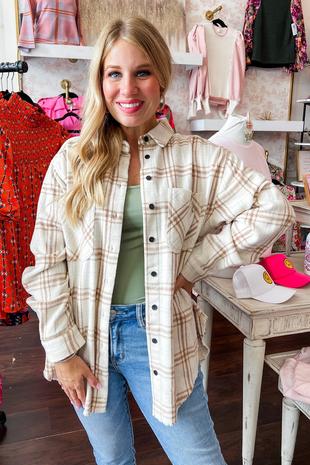 Oversized Button Up Neutral Plaid Shacket