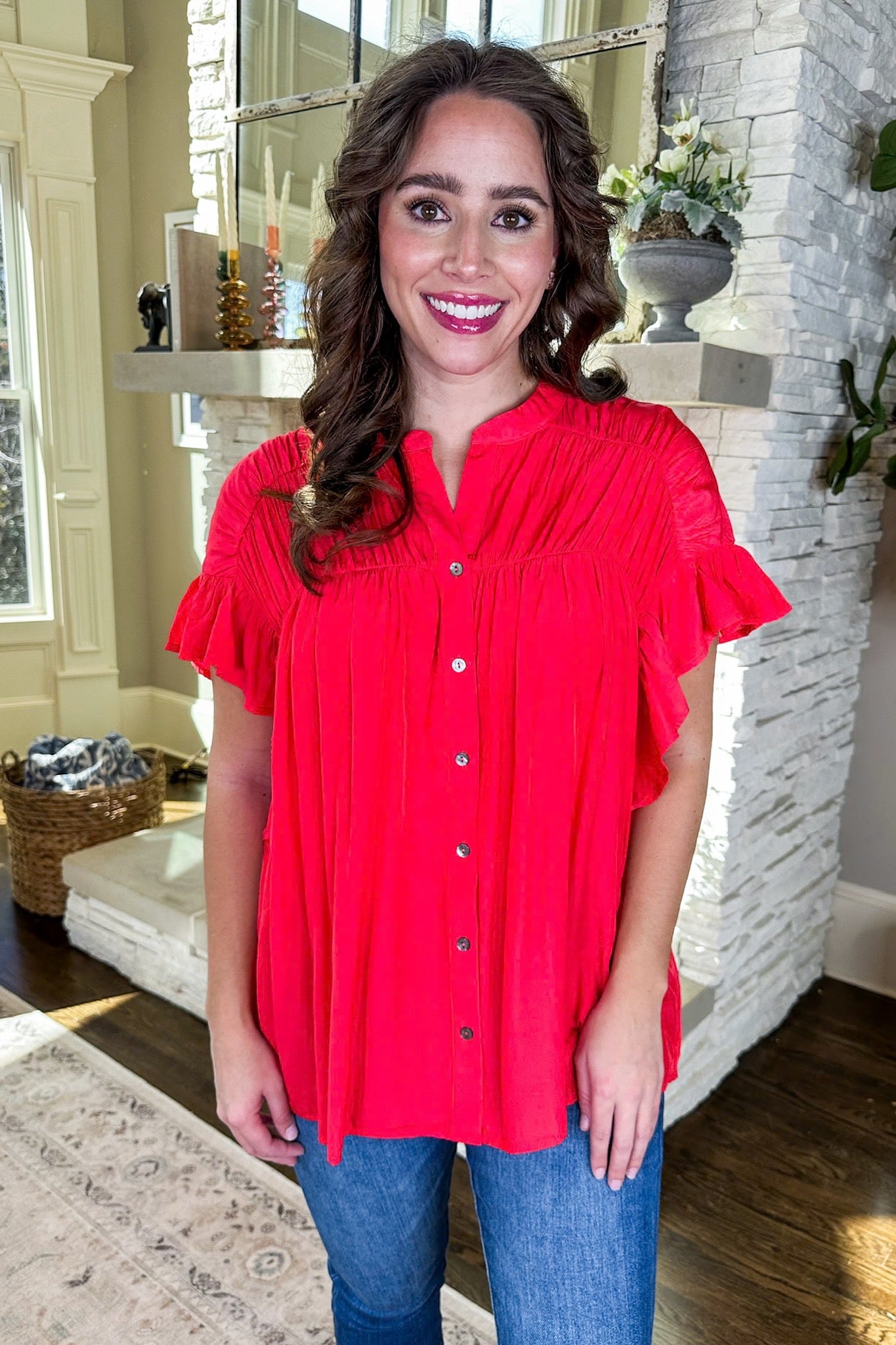 Ruched Neckline Ruffle Sleeve Button Down Top in Red