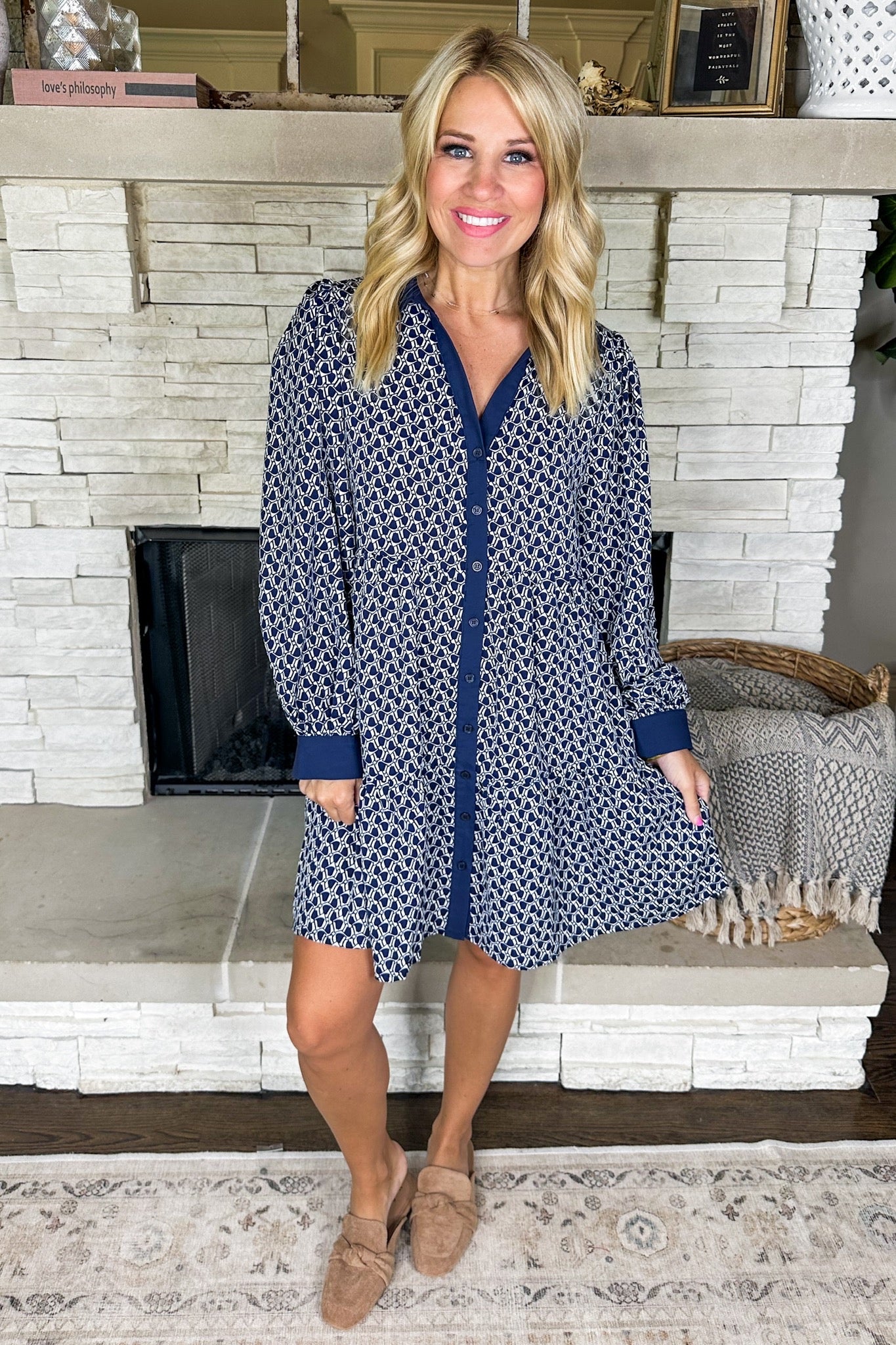 Sophisticated Printed Navy Trim Button Down Tiered Dress