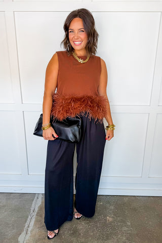 Feathered Affair Sleeveless Top in Brown