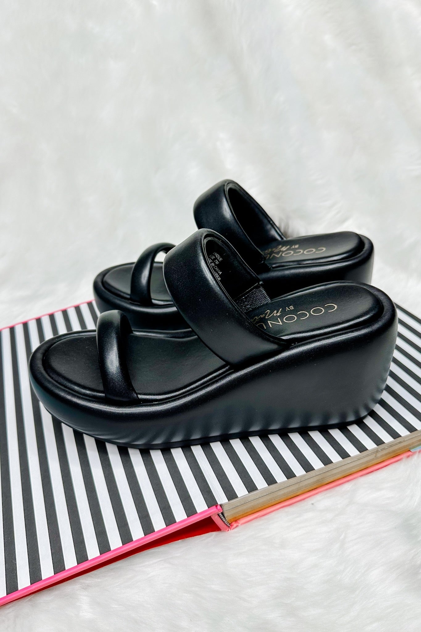 Double Strap Synthetic Leather Platform Matisse Wedge in Black