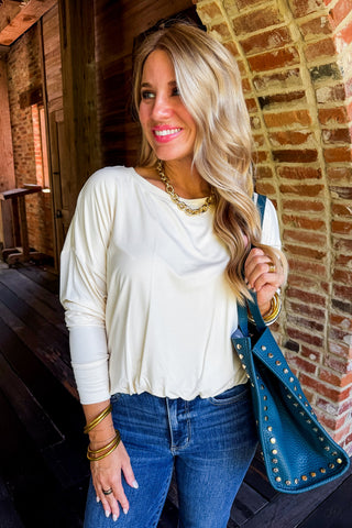 Soft Escape Bubble Hem Long Sleeve Top in Off White