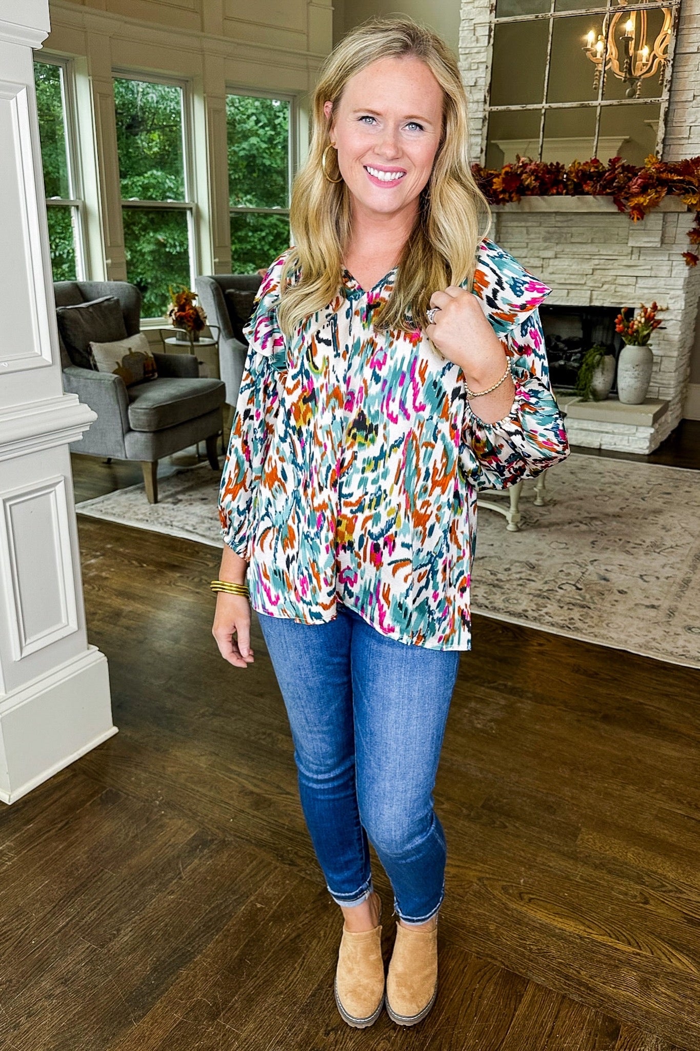 Multi Color Abstract Ruffle Sleeve Top