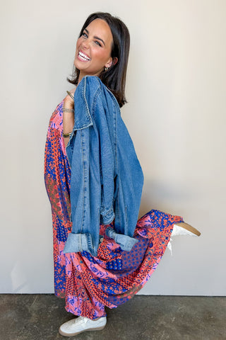 Wooden Button Down Coral/Blue Patchwork Print Sleeveless Jumpsuit