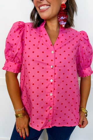 Preppy Dot Puff Sleeve Top in Pink