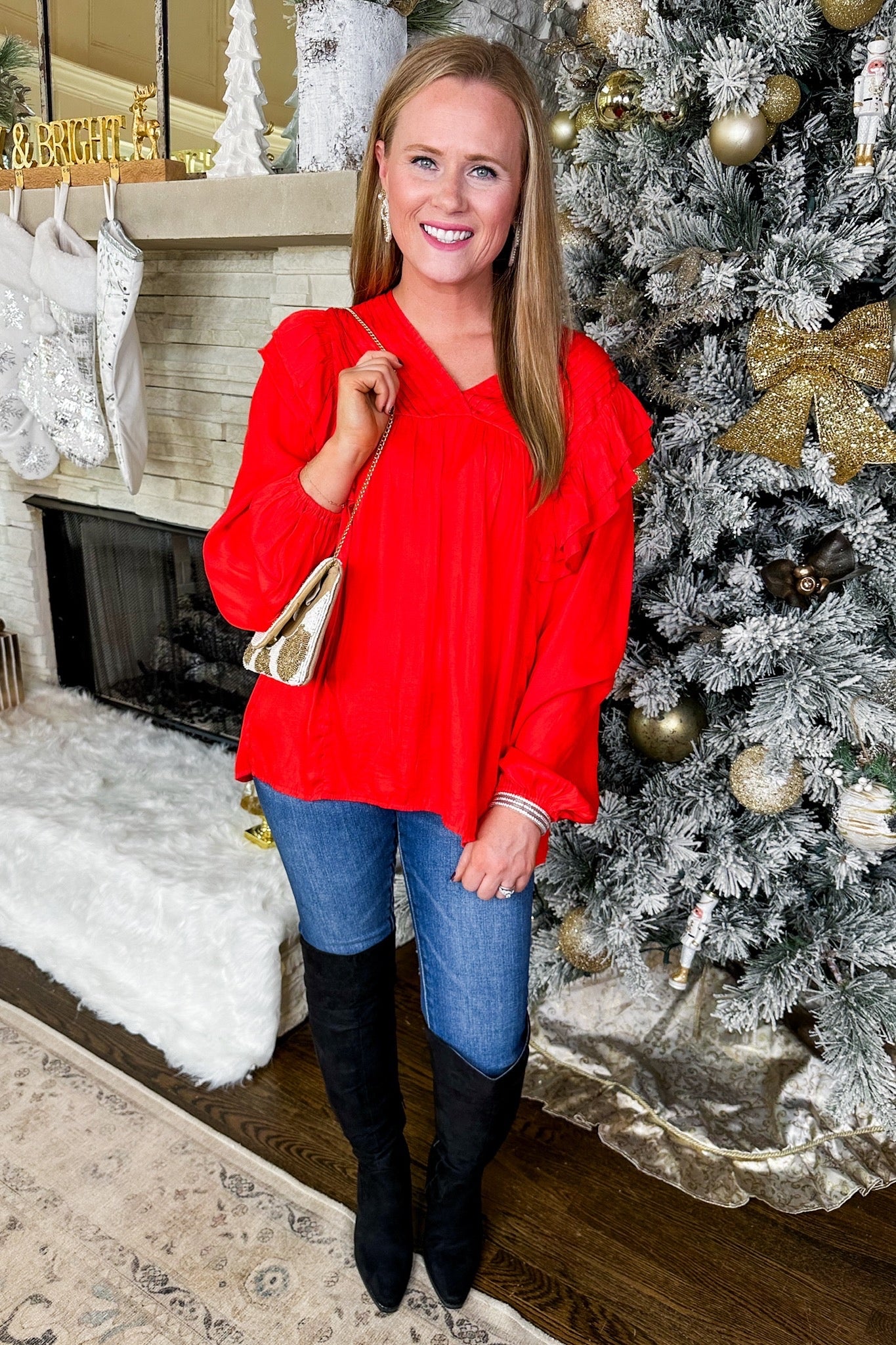 Pleated Ruffle Sleeve Classic Top in Red