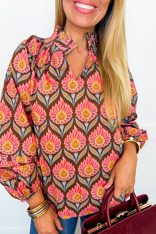 Marigold Bloom Printed Top in Brown