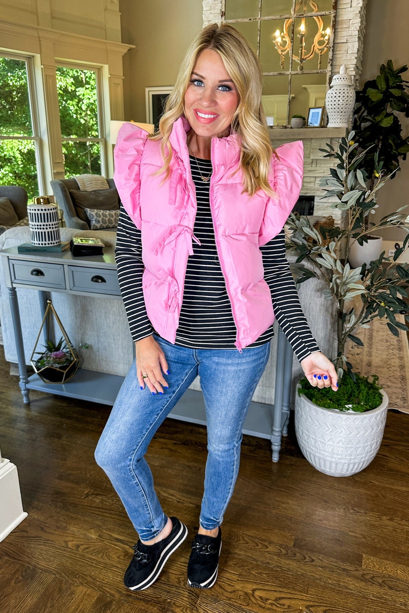 Black & White Striped Ruffle Sleeve Layering Top