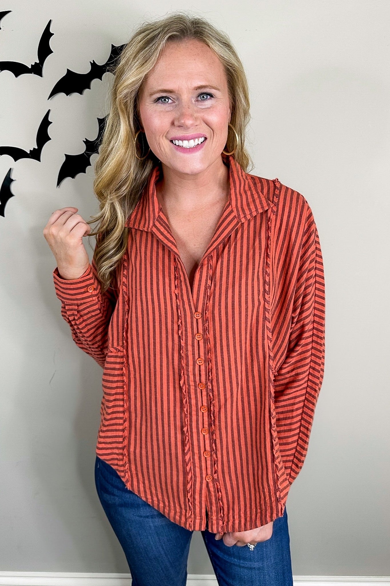 Black Striped Button Up Linen Top in Rust