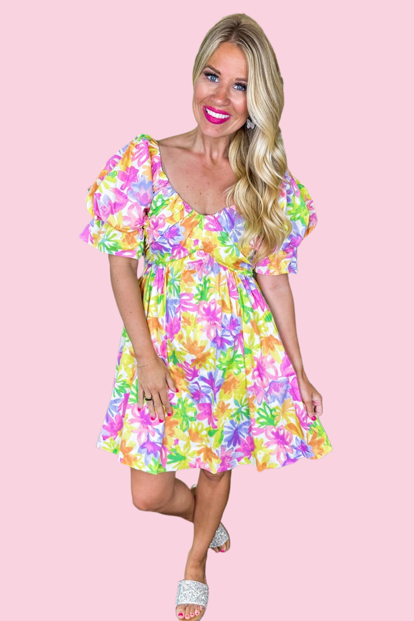 Luxe Puff Sleeve Gathered Scoop Neck Floral Dress
