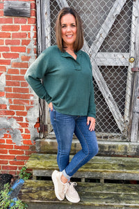 Soft Fleece Waffle Knit Notch Neck Hunter Green Top