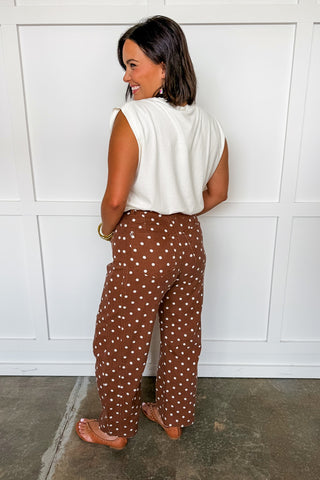 The Riley Barrel Polka Dot Pants in Chocolate Brown